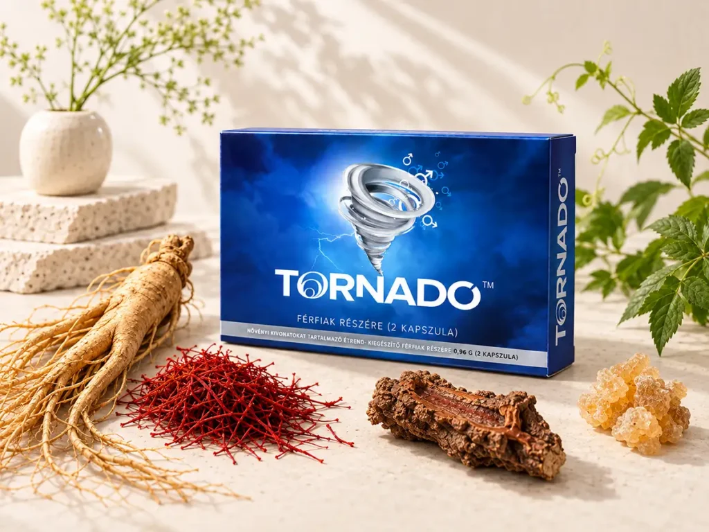 Tornado+ potencianövelő kapszula valódi botanikai összetevőkkel — sáfrány, ginzenggyökér, rhodiola, boswellia gyanta