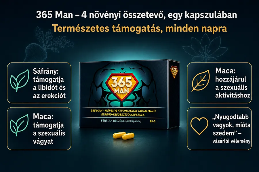 365 Man – napi szedésű potencianövelő kapszula férfiaknak, Maca kivonattal és sáfránnyal. NNGYK notifikált étrend-kiegészítő (41736/2026).